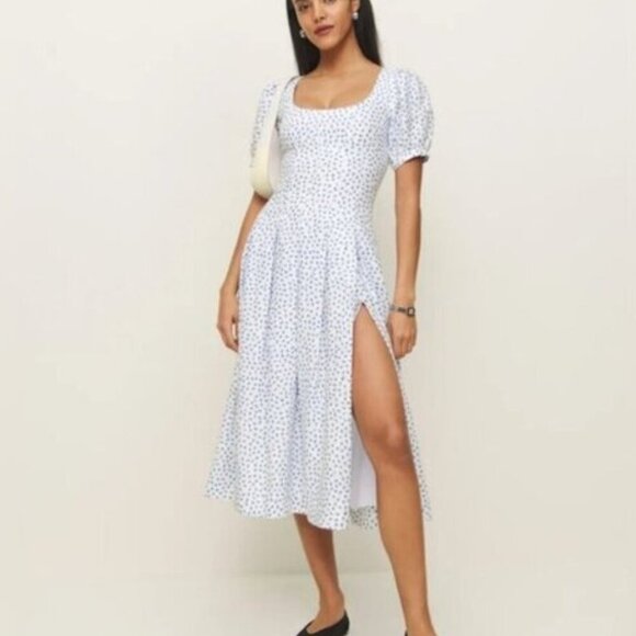 NEW Reformation Coucou Midi Linen Dress Hanna White Blue Floral | US 2 UK 6 - Picture 2 of 15